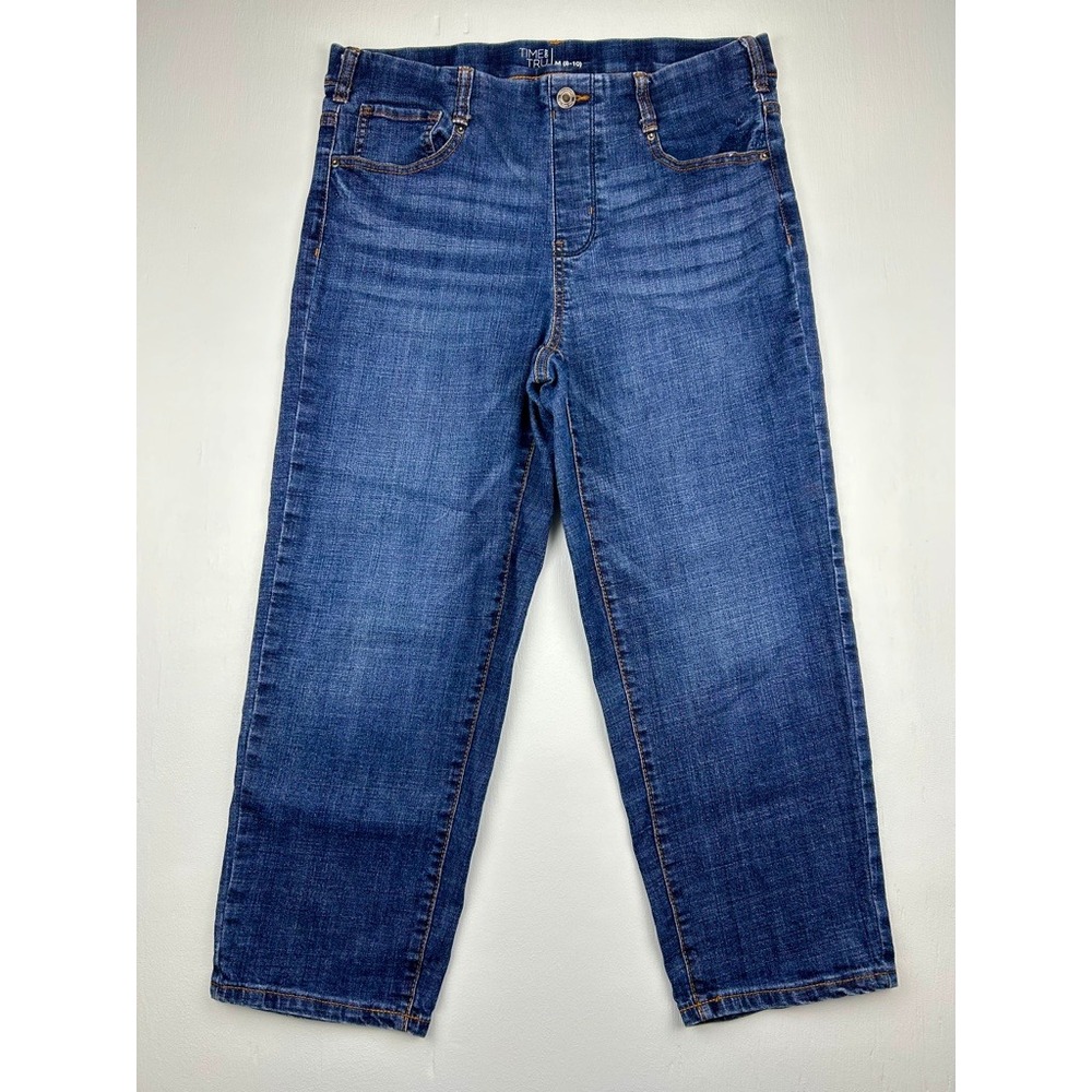 Time and Tru Womens Medium Wash Pull On Denim Jeans M 8-10 High Rise Cropped